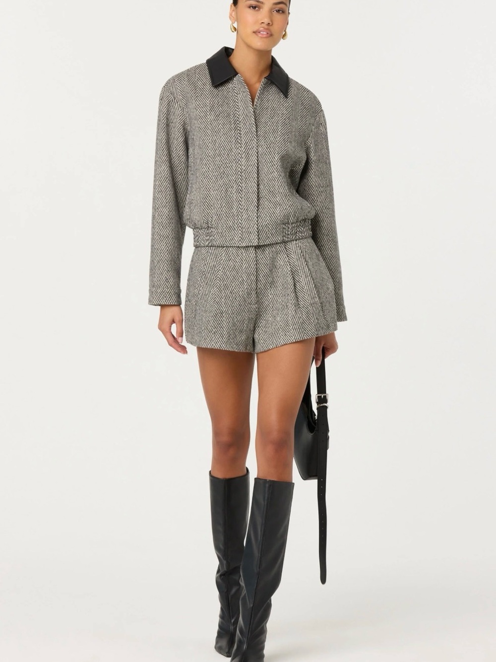 Astr Gray Herringbone Bomber Jacket with Black Collar